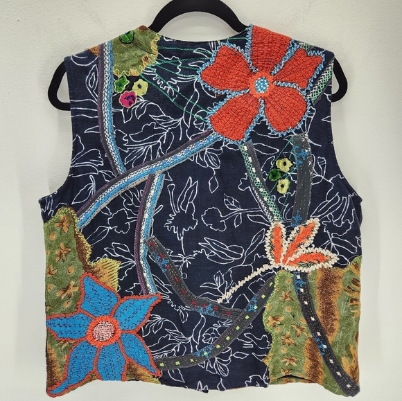 Chico's Vintage Embroidered Floral Vest Womens Large Black 90s Boho - Picture 5 of 7